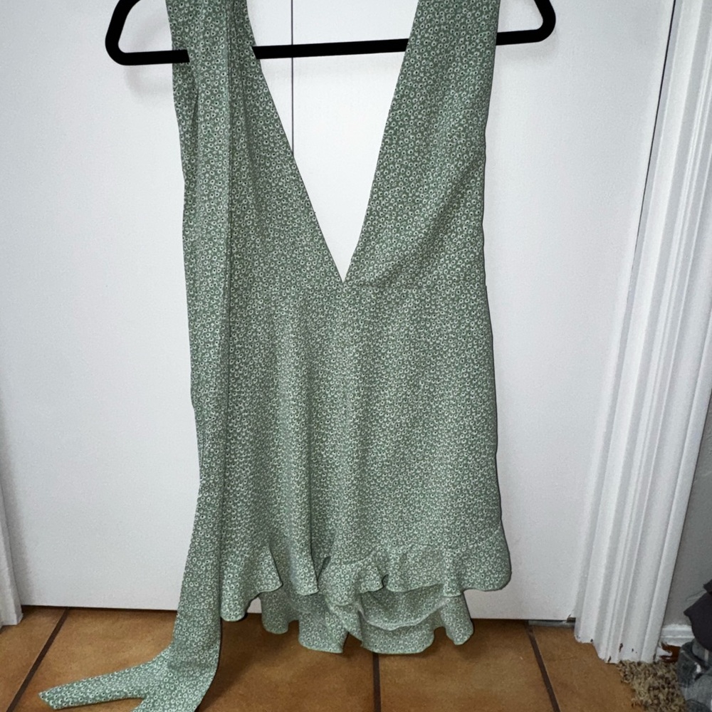 Green Floral V-Neck Romper with Tie Straps